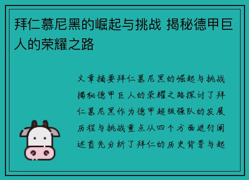 拜仁慕尼黑的崛起与挑战 揭秘德甲巨人的荣耀之路