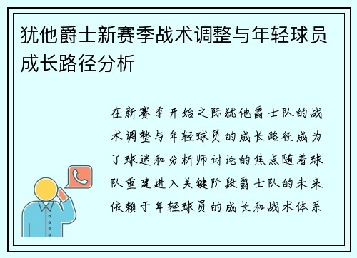 犹他爵士新赛季战术调整与年轻球员成长路径分析